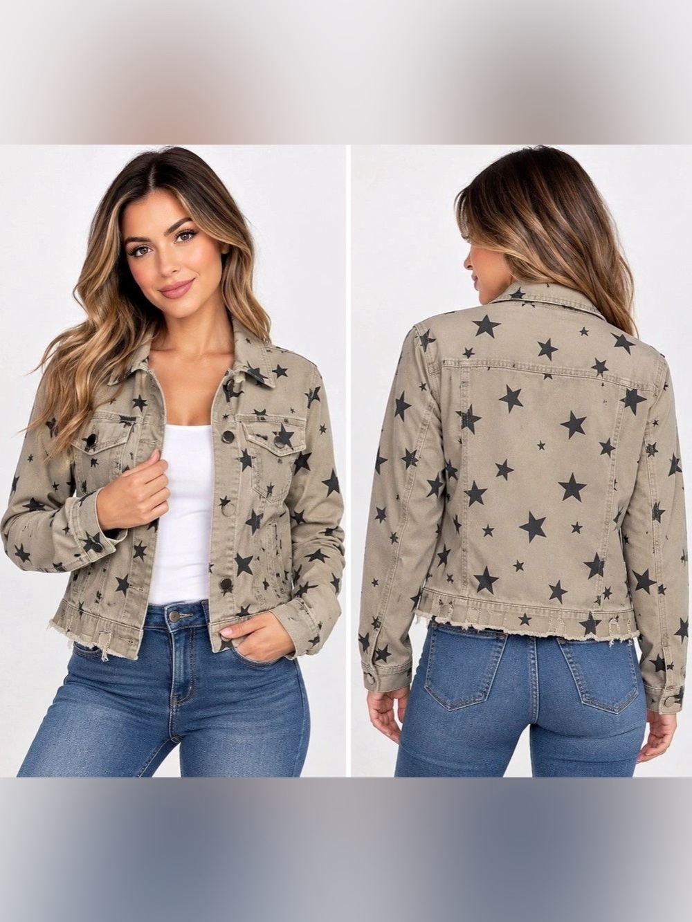 JOUJOU Premium Outerwear Women’s Star Print Distressed Denim Jacket Khaki Size M